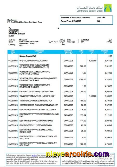 UAE Commercial Bank of Dubai statement of account Word and PDF